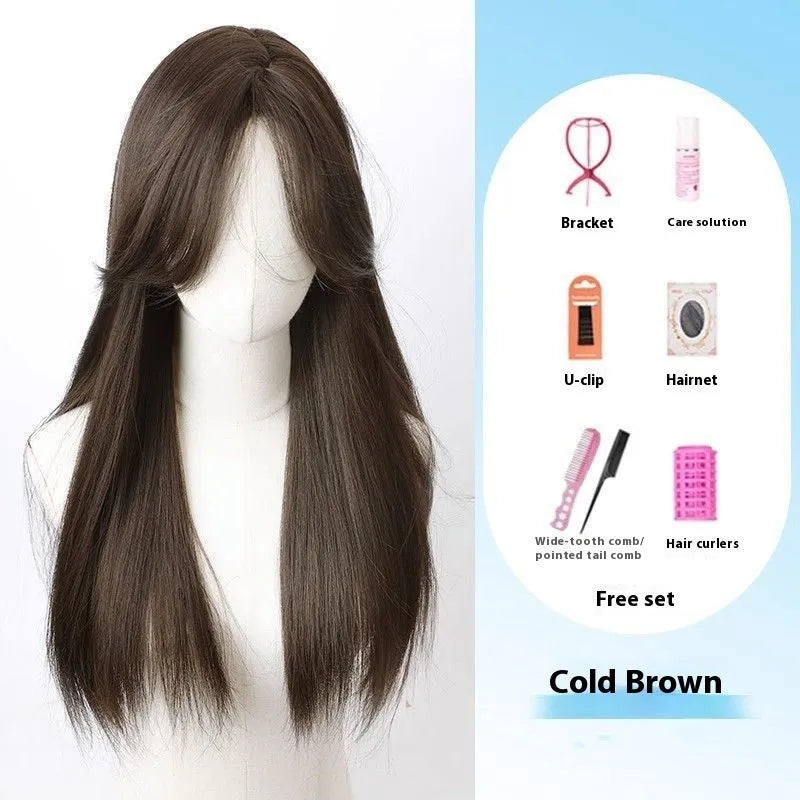 Long straight black wig with forehead lace and side bangs made from high temperature fibre.