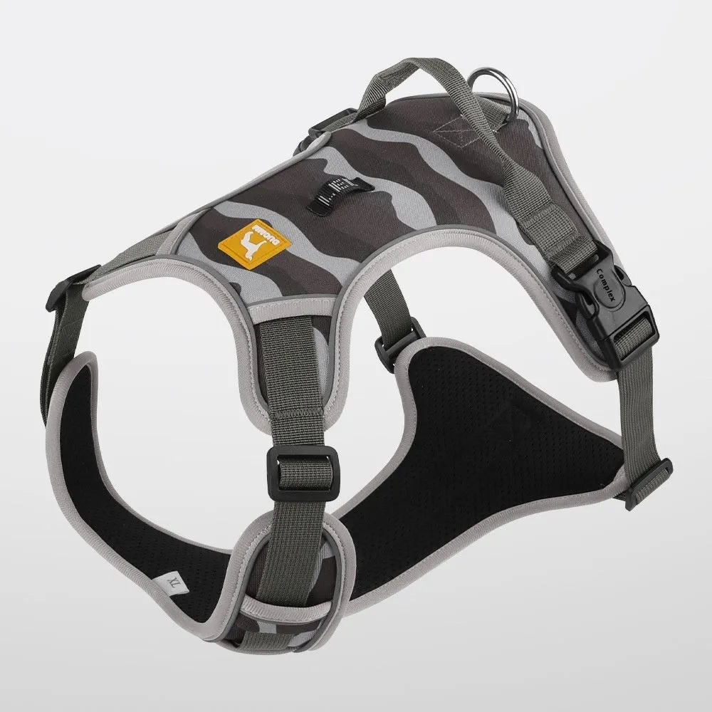 Orange reflective dog harness and lead with a chest and back design for secure walking control.