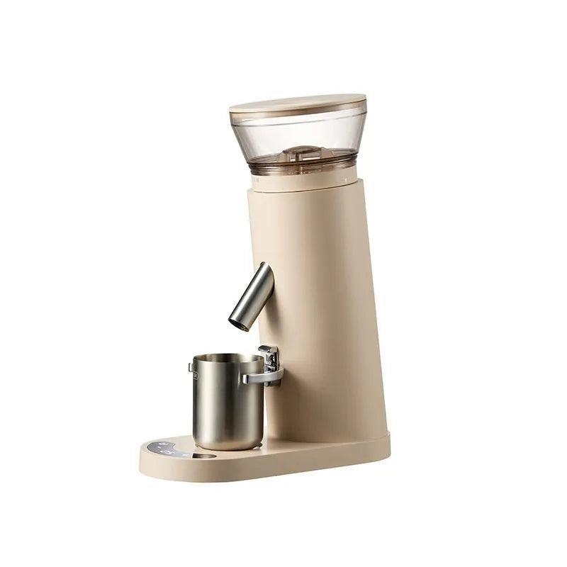 Portable automatic coffee grinder with stainless steel reservoir and temperature control display