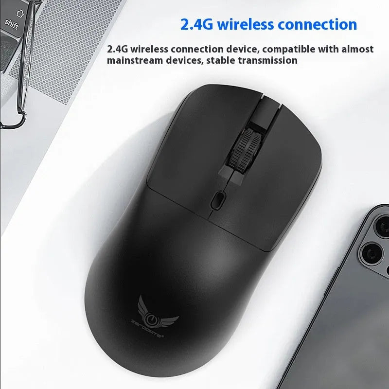 Black wireless mouse with a three-gear audio button, for use with laptops.
