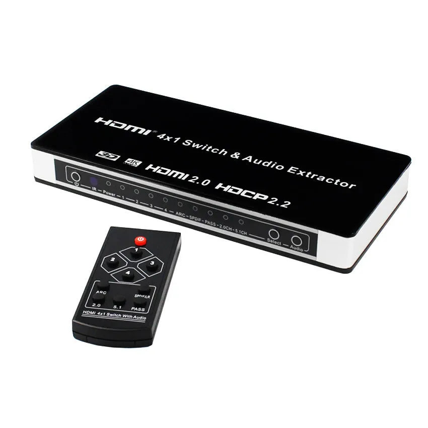 Black HDMI audio/video switch with remote control, showing four input ports and one output port.