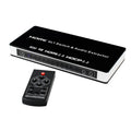 Black HDMI audio/video switch with remote control, showing four input ports and one output port.