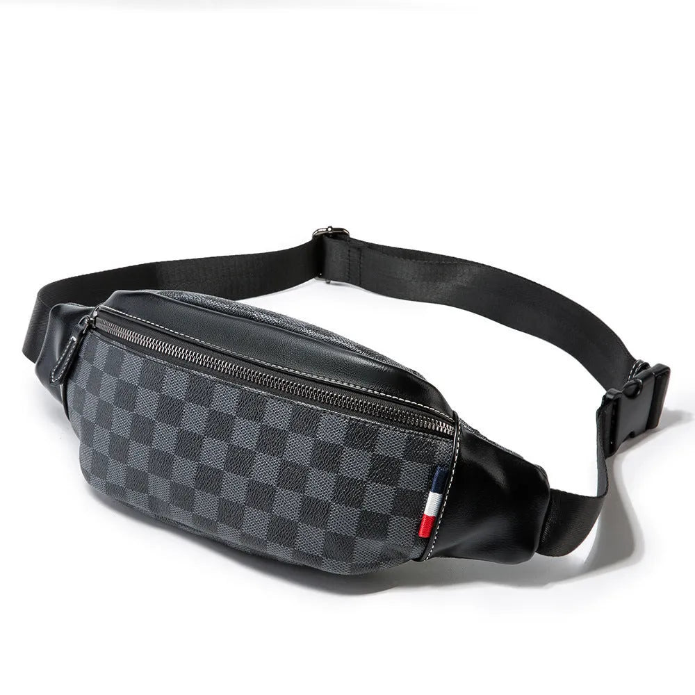 Large black grid PU leather travel bag with single strap, horizontal square shape, open outer pocket
