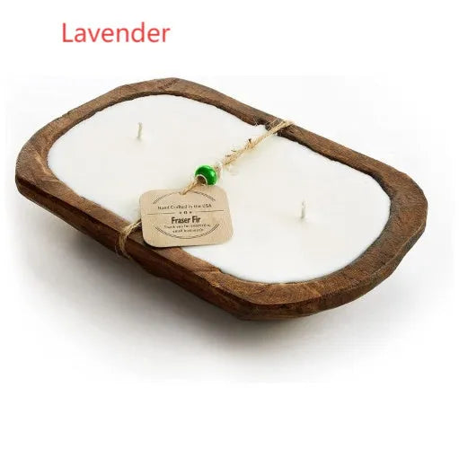 Retro-style lavender aromatherapy candle in a wooden basin made from soy wax.