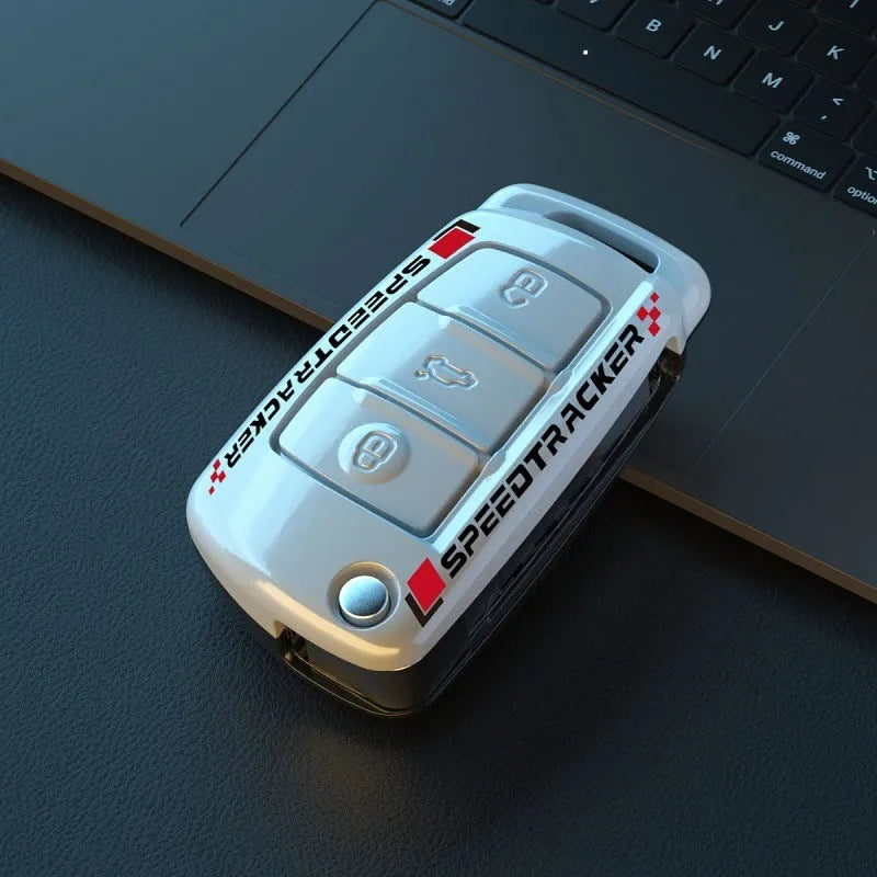 Carbon fibre style car key cover with mirror element in carbon black colour