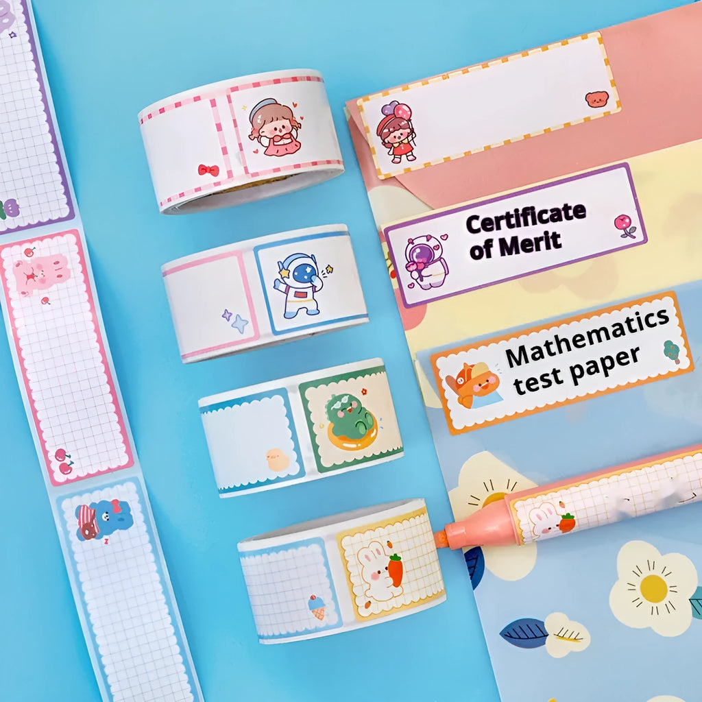 Cartoon tape name labels roll with dinosaur astronaut rabbit girl designs for student organisation