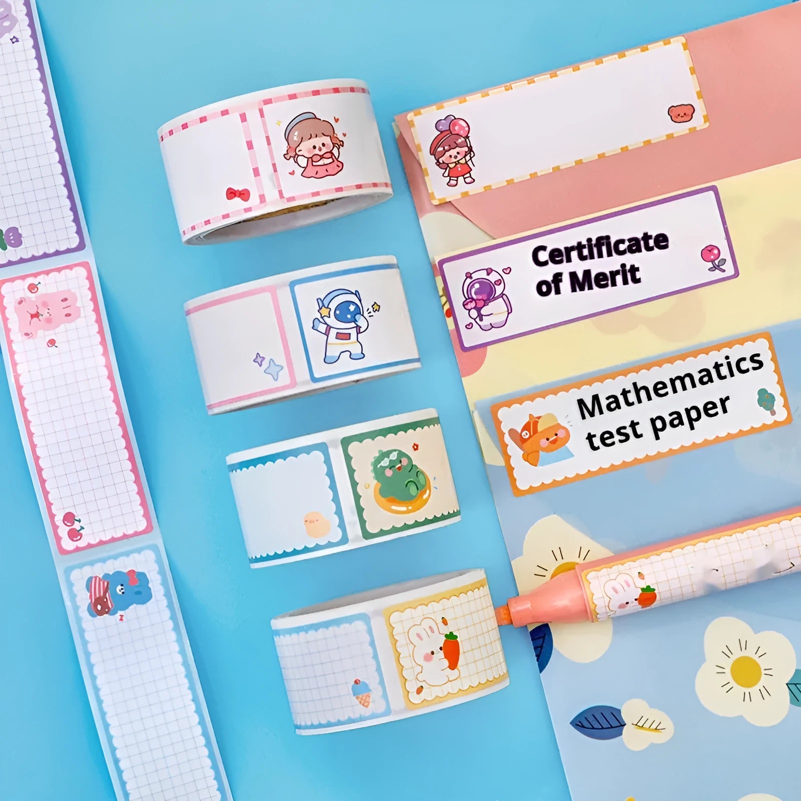 Cartoon tape name labels roll with dinosaur astronaut rabbit girl designs for student organisation
