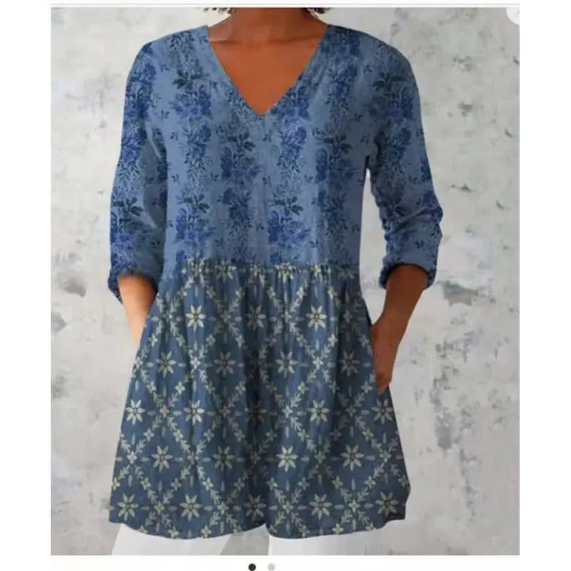 Women's printed wave pattern loose dress with 3/4 sleeves and wide waist design in various colour options