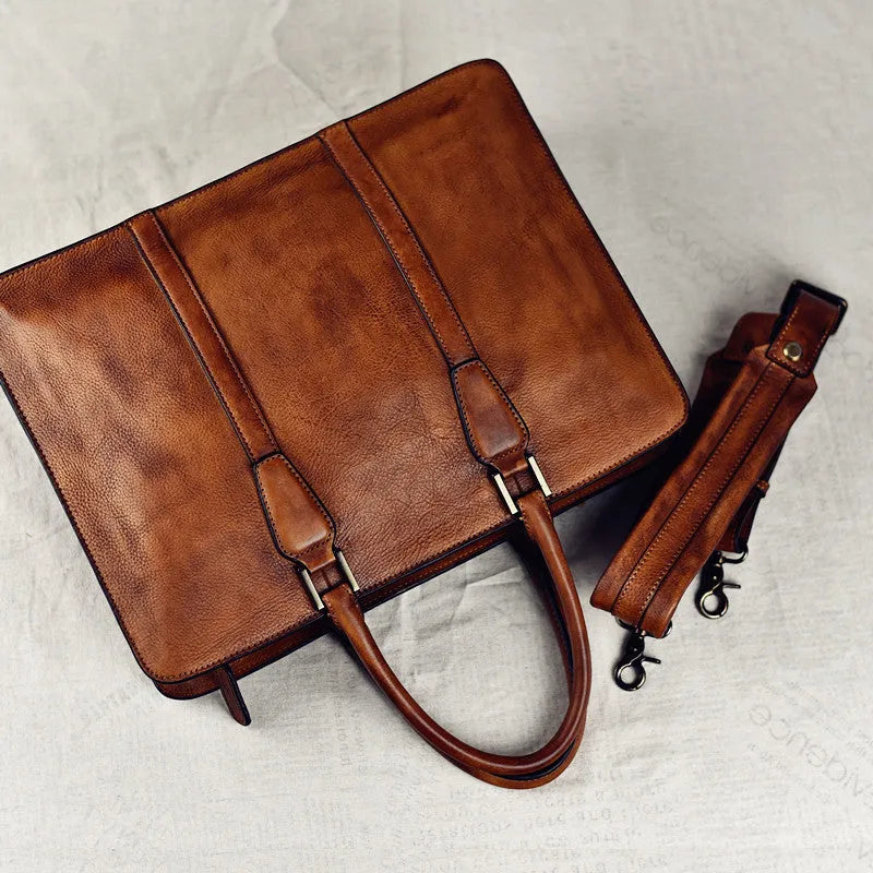 Men's brown leather business handbag with horizontal square design and zipper closure