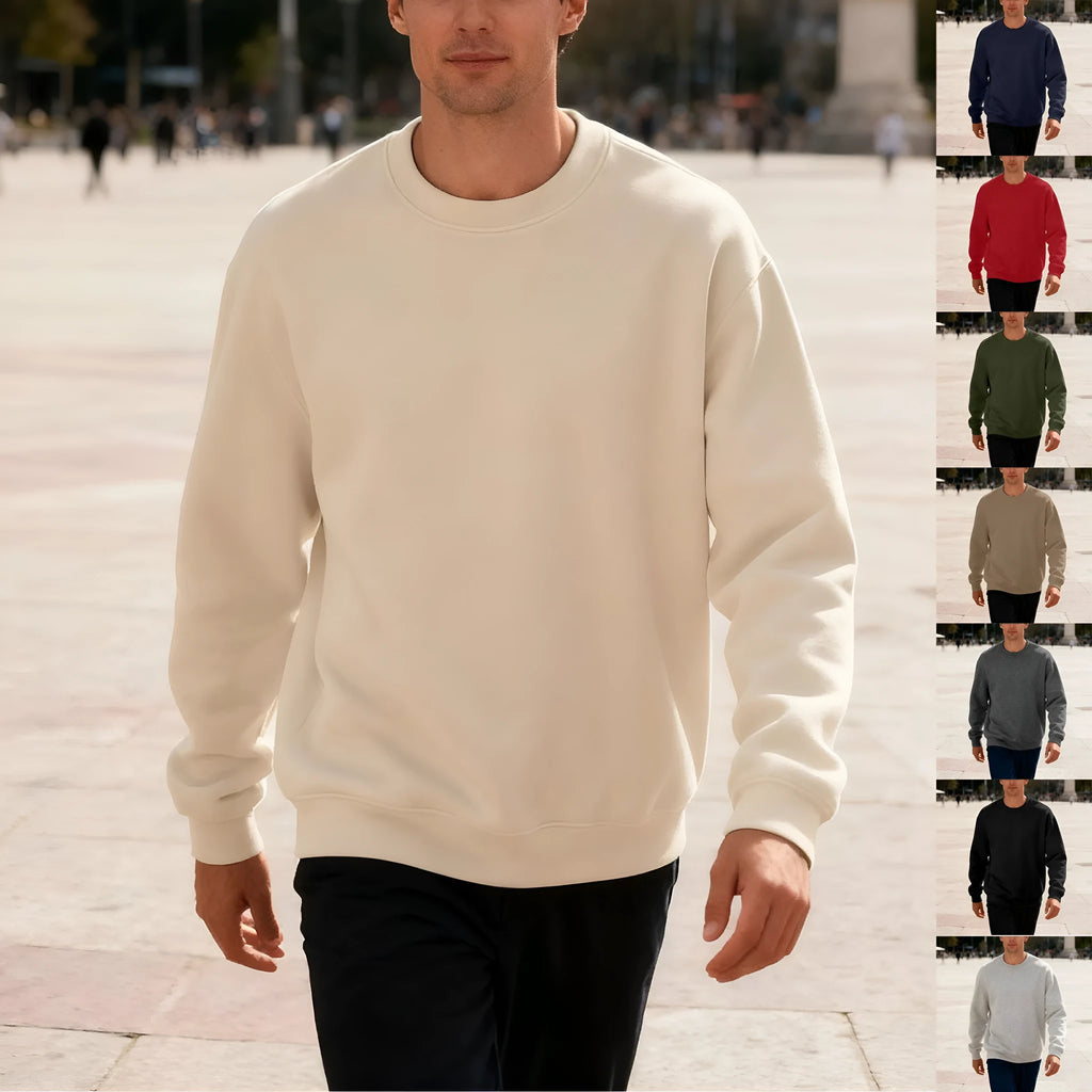Men's round neck oversized polyester top in light gray, long sleeves, loose fit casual autumn shirt