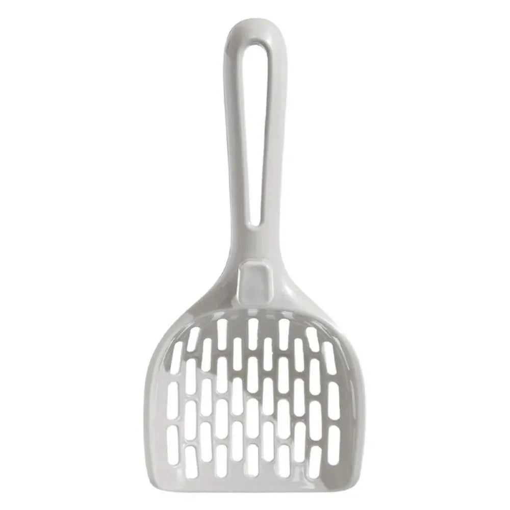 Grey plastic cat litter scoop with attached storage base, showing 4-hole sifter design.