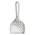 Grey plastic cat litter scoop with attached storage base, showing 4-hole sifter design.