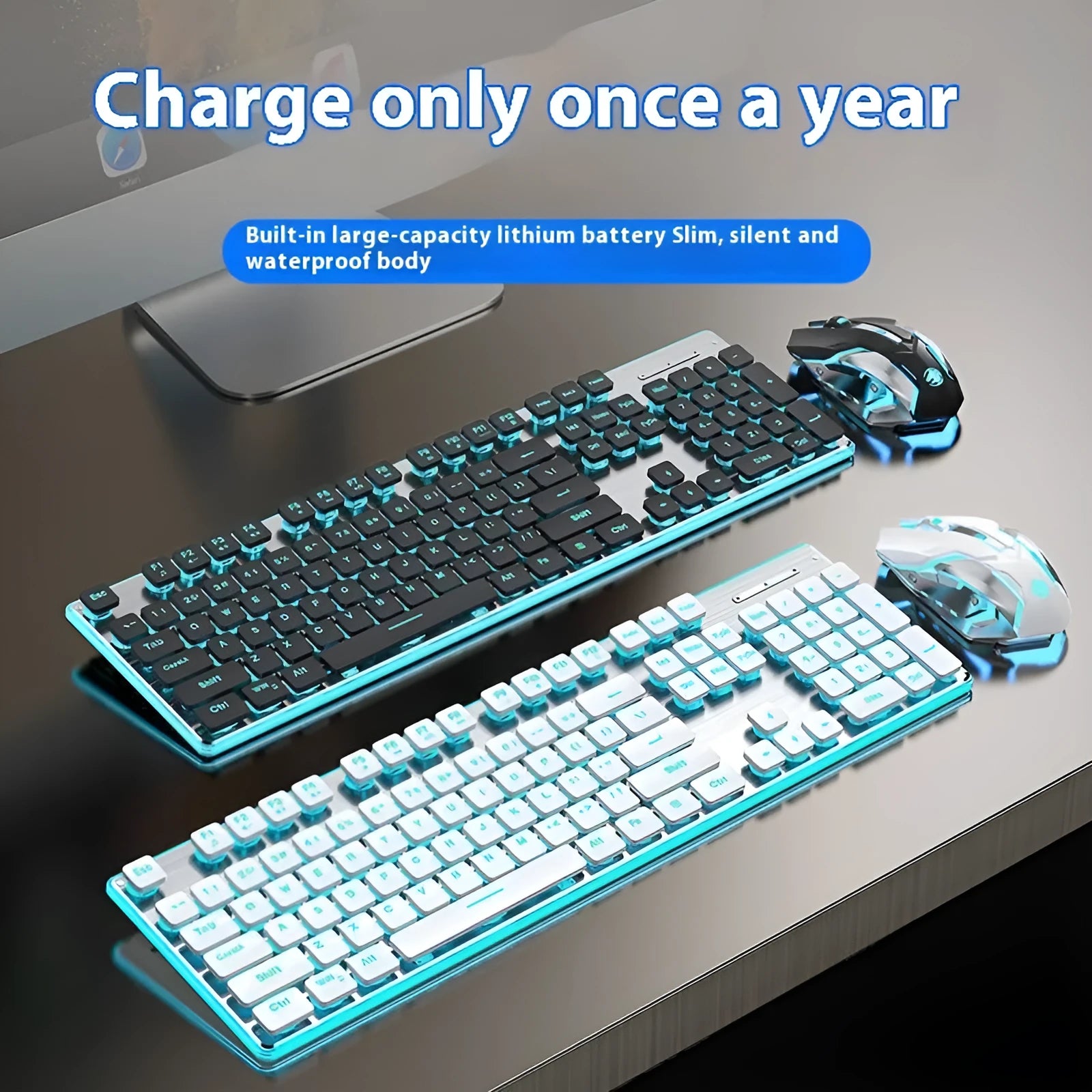 Wireless Bluetooth keyboard with ice blue backlight and mute button, shown in cherry blossom pink colour.