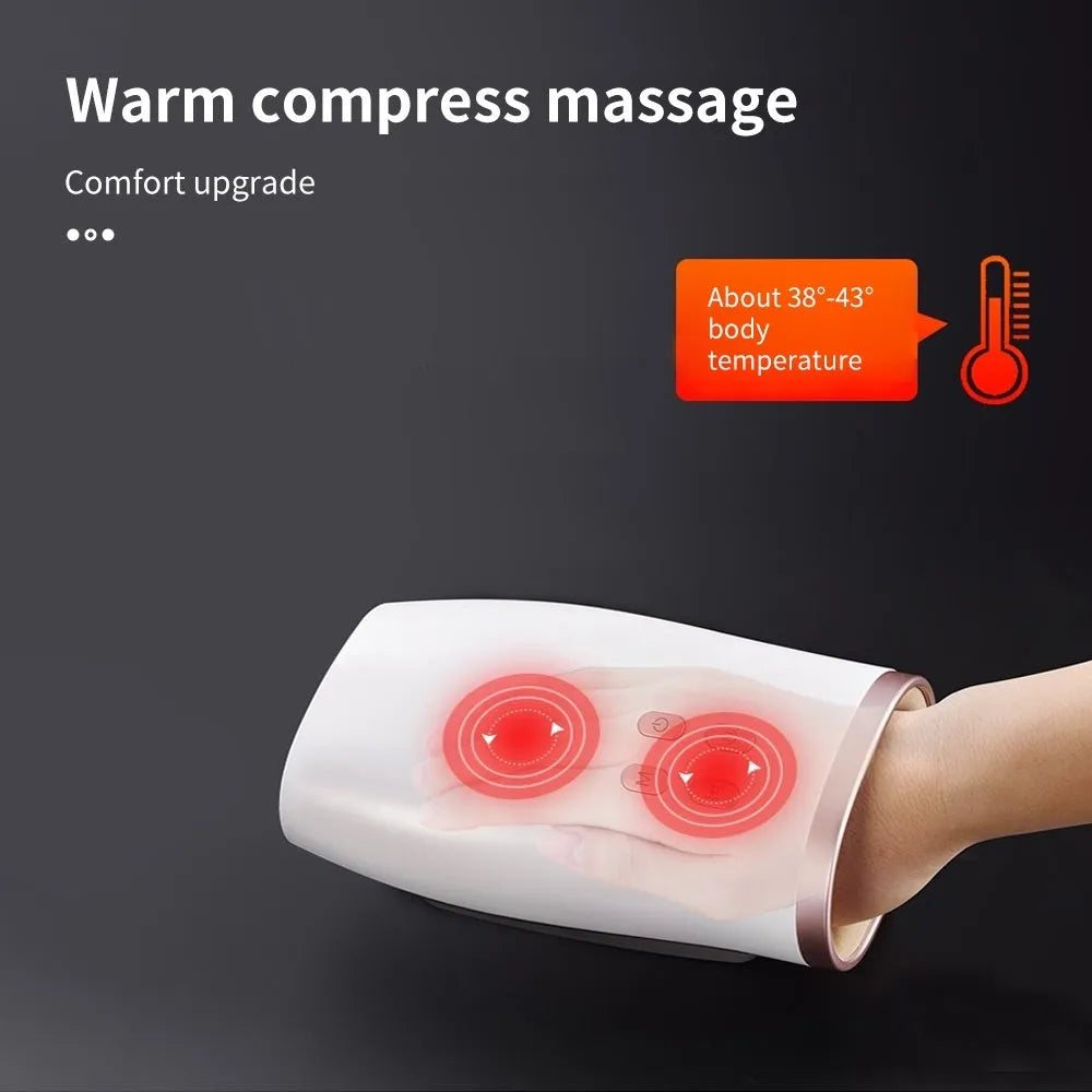 White portable hand massager with heat and air compression for hand pain relief, USB rechargeable design