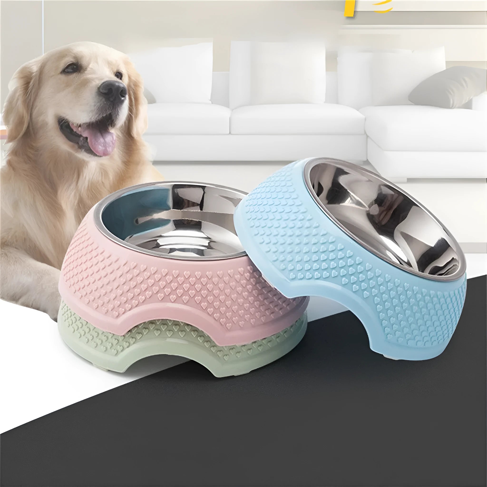Set of four coloured stainless steel pet bowls with non-slip bases for cats and dogs