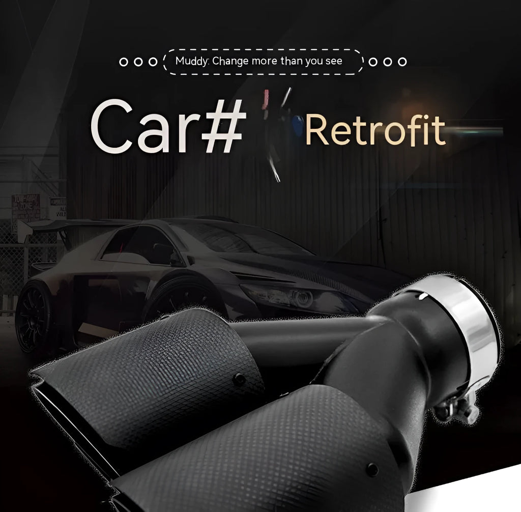 Black carbon fibre car exhaust pipe with two-tail-one-nozzle silencer design and double outlet configuration
