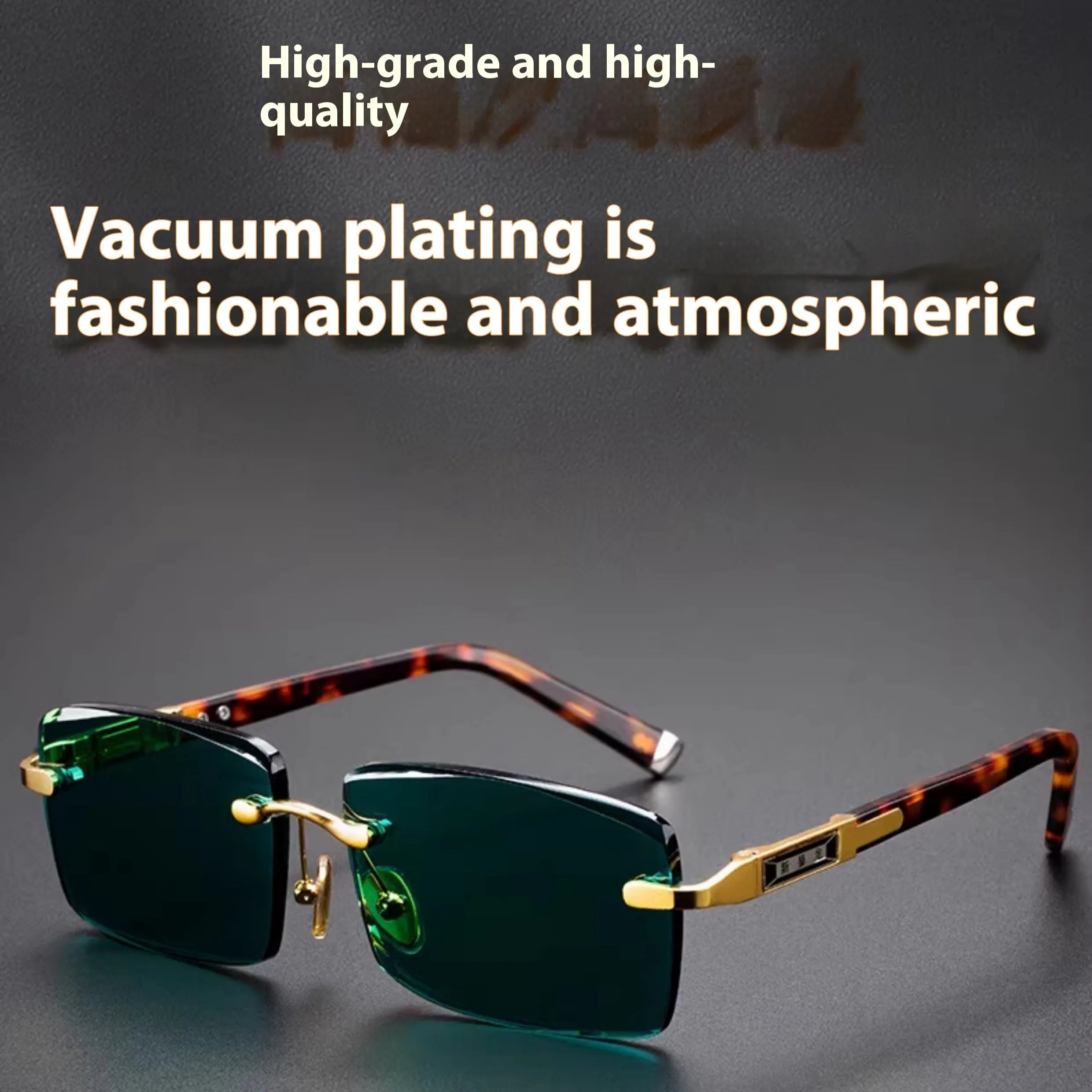 Dark green frameless crystal sunglasses with case and cleaning cloth on a solid background.