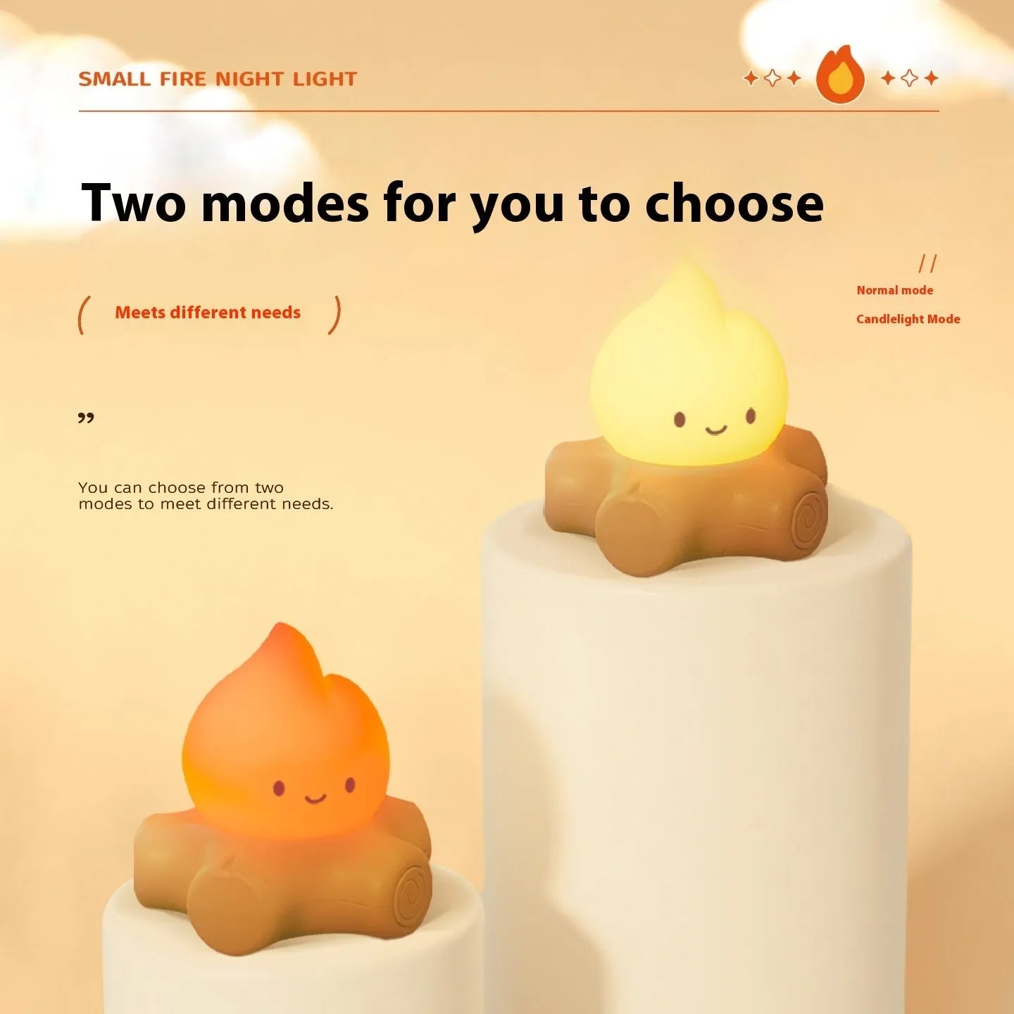 Silicone Small Fire Pile cartoon night lamp with yellow light on a surface