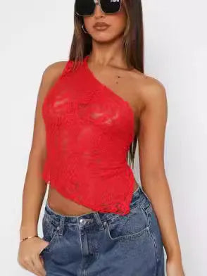 Women's apricot lace backless sleeveless top with an asymmetrical neckline on a hanger.