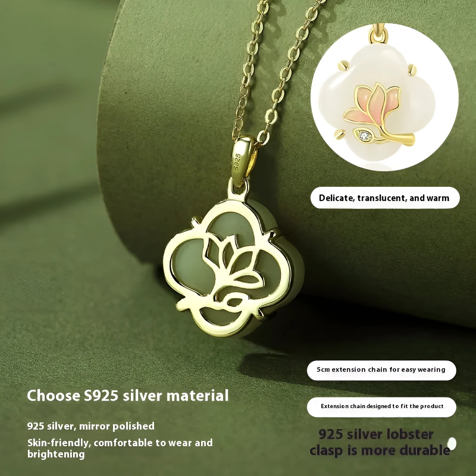 925 silver magnolia jade pendant necklace set on chain with matching bracelet and earrings