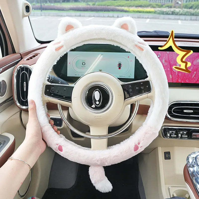 38cm plush steering wheel cover with cartoon embroidery designs including bear, bunny, cat and panda options