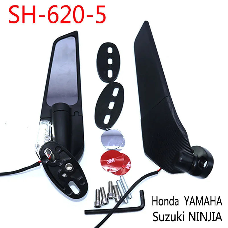 Pair of motorcycle rearview mirrors with yellow running lights and a convex lens, made from aluminium alloy.
