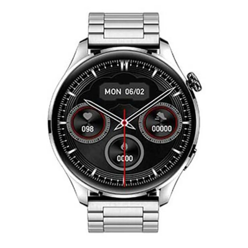 Smart watch with round colour screen and zinc alloy case on a black silicone strap.