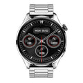 Smart watch with round colour screen and zinc alloy case on a black silicone strap.