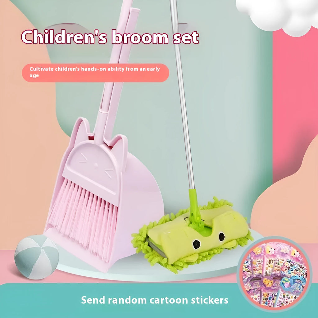 Purple broom and dustpan set with rotating head and brush holder
