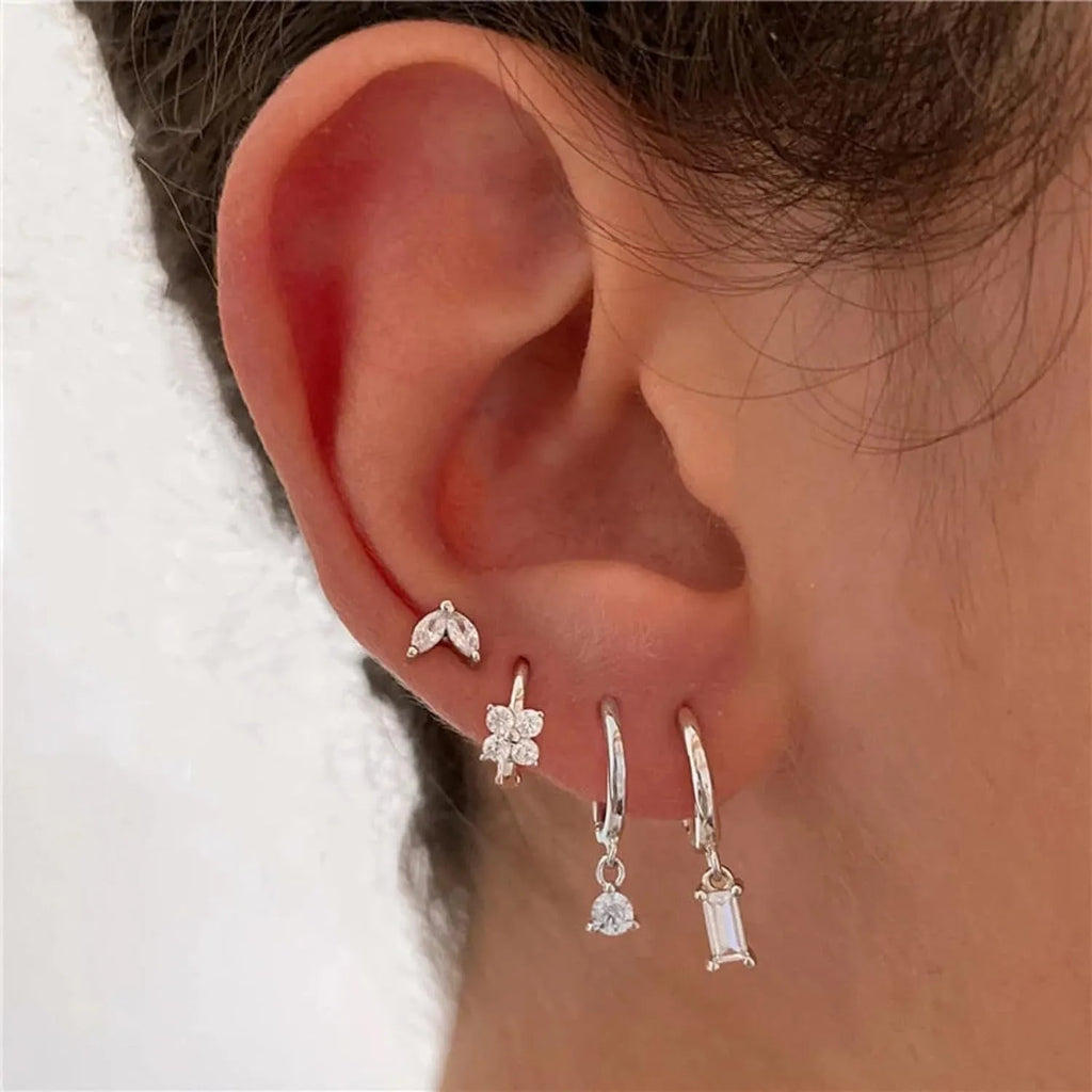 Four pairs of women's geometric square earrings with gold electroplated finish and zircon detailing