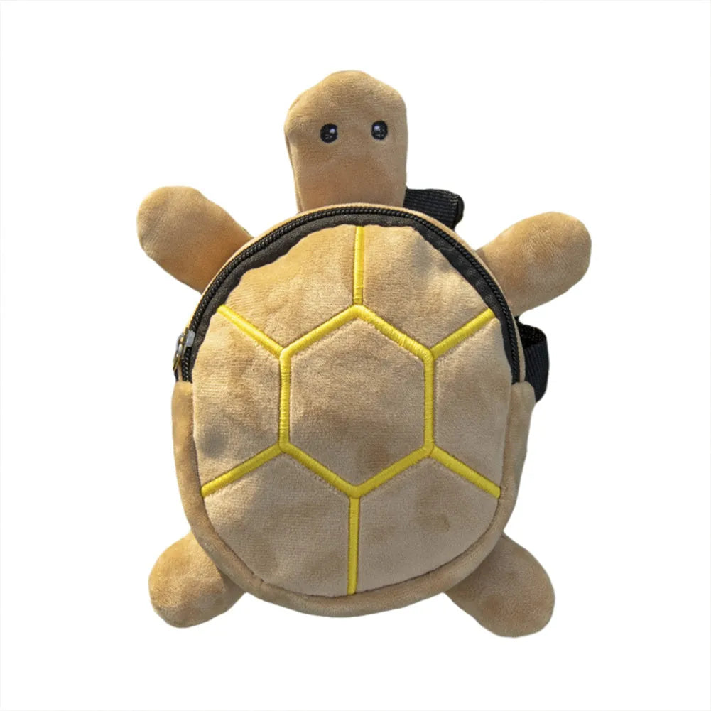 Brown turtle-shaped dog backpack harness with metal zipper and storage compartment
