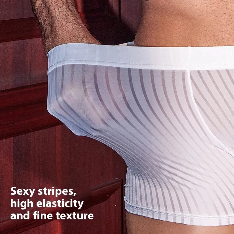 Men's black vertical stripe underwear showing elastic waistband and breathable nylon fabric