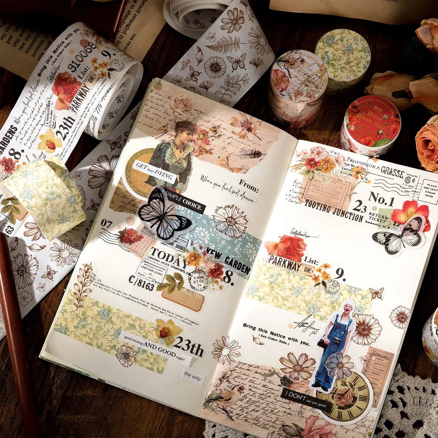 Roll of vintage style floral watercolour decorative tape on a Japanese paper base.