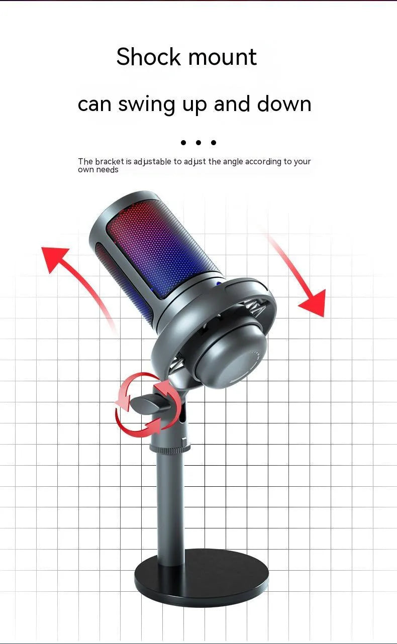Condenser microphone with RGB lighting in black, white, or pink colours, with a 150cm data cable for computer recording.