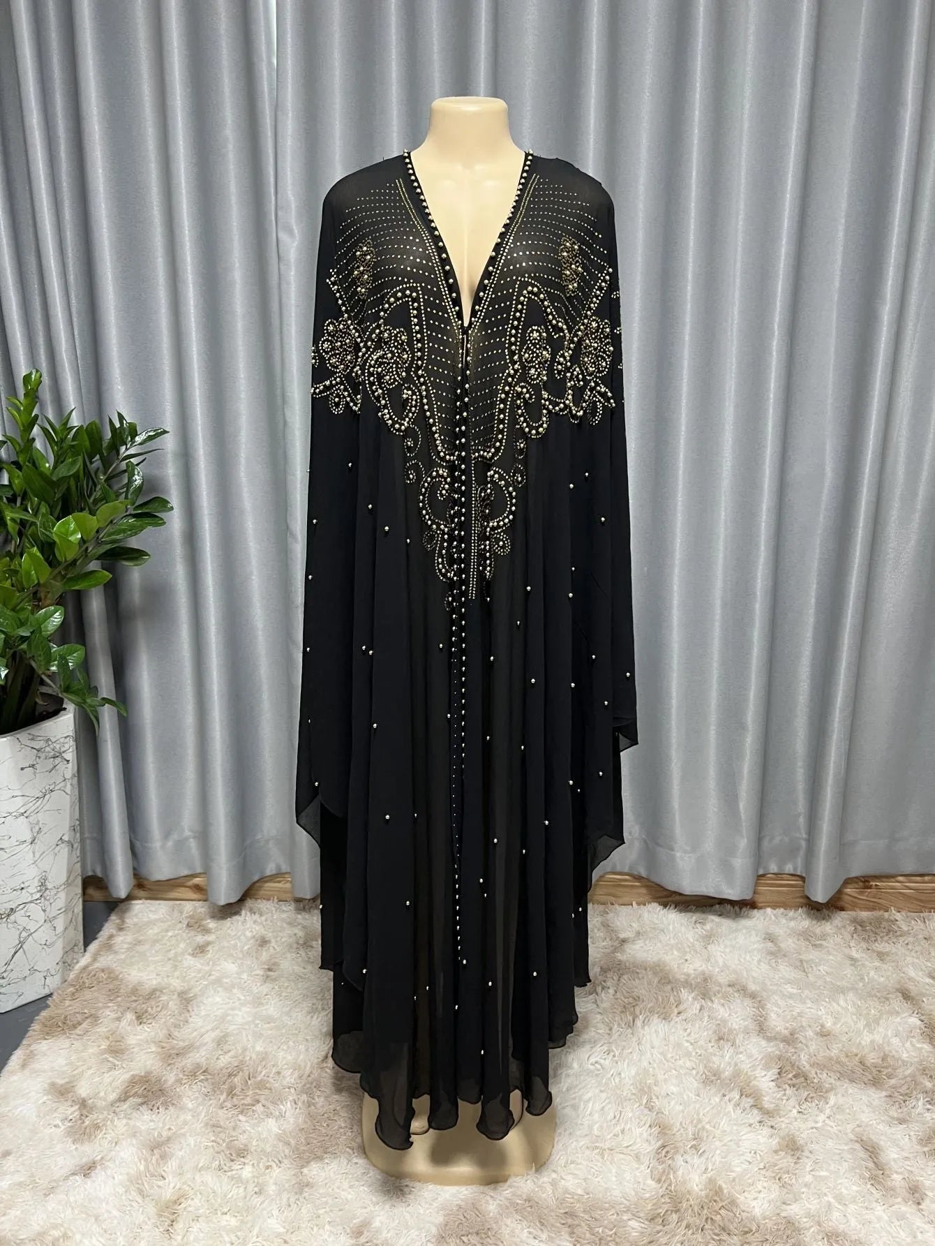 Muslim style chiffon cape shawl with rhinestone beaded trim in various colours showing 135-175cm length