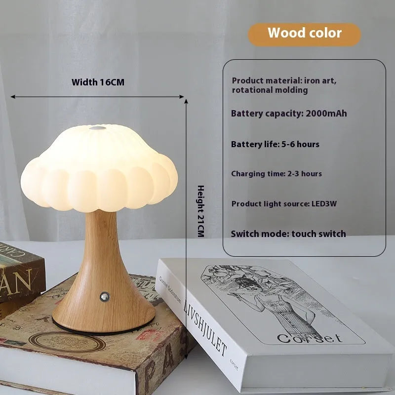 Mushroom-shaped touch control night lamp in wood grain colour on a wooden table.