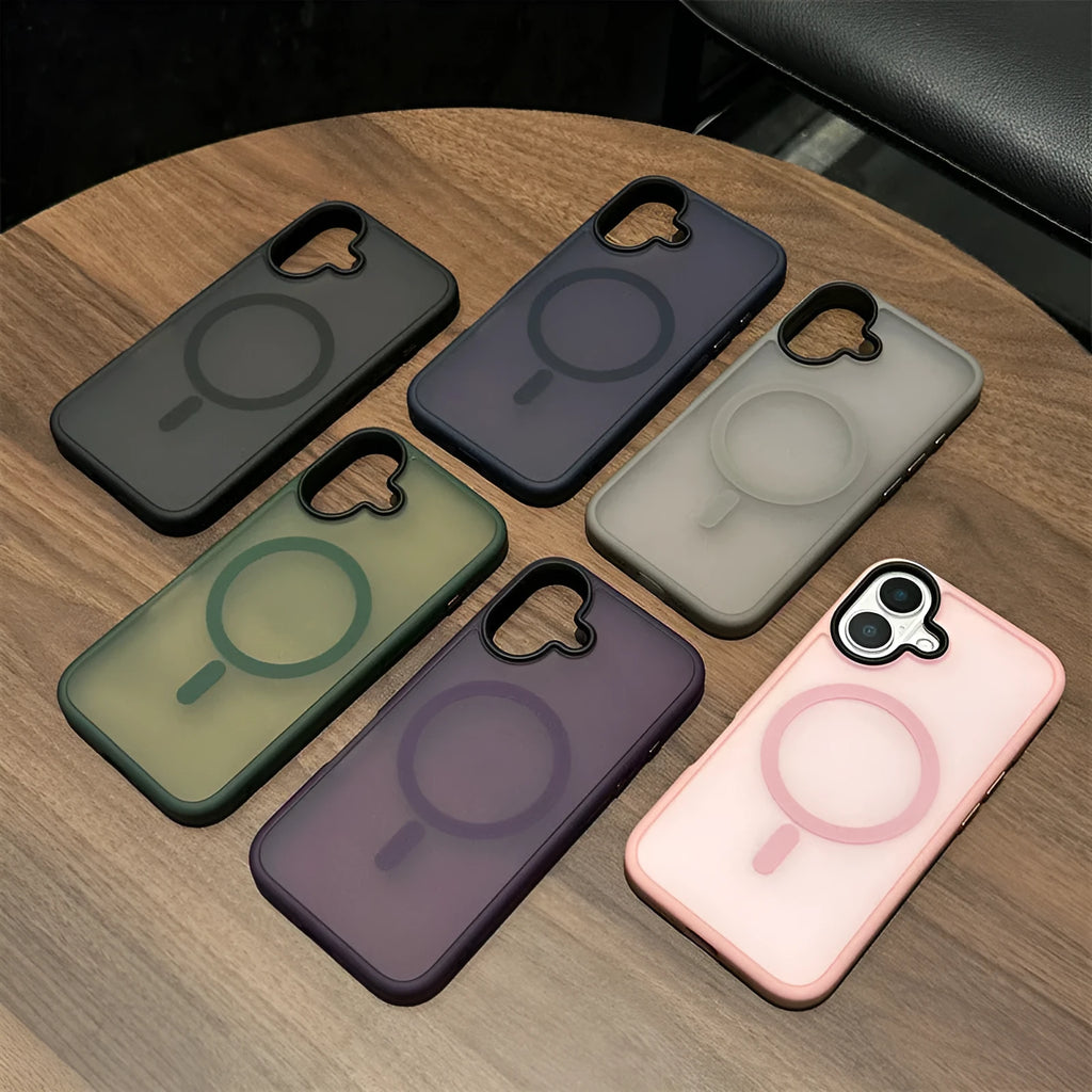 Matte magnetic PC phone case for iPhone 16 series in black with slim fit and magnetic ring