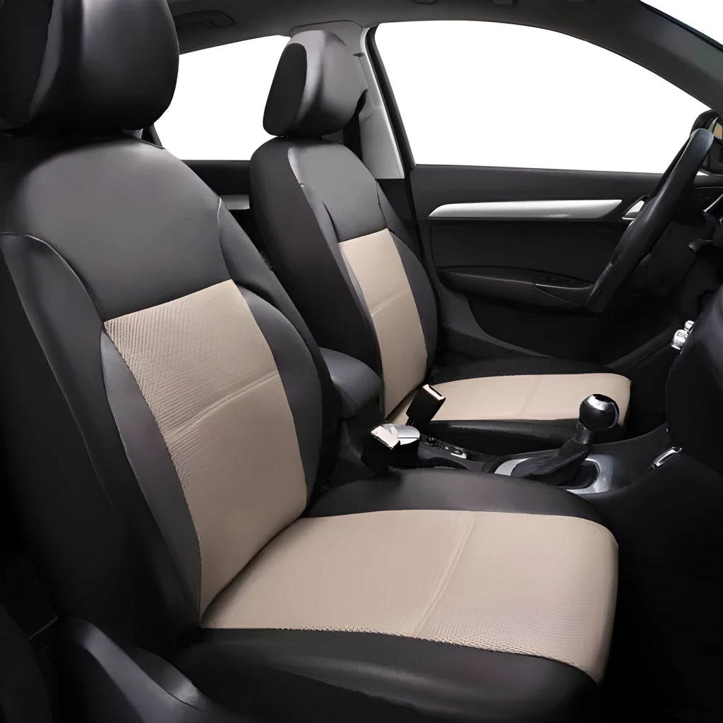 Artificial leather car seat cover set showing headrest and seat covers in black colour with hook accessories