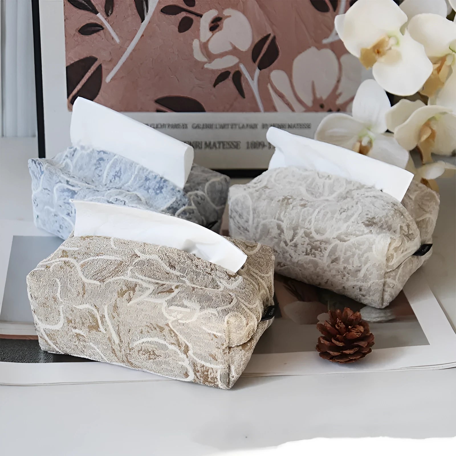 Chinese style cotton tissue box with floral pattern in living room setting
