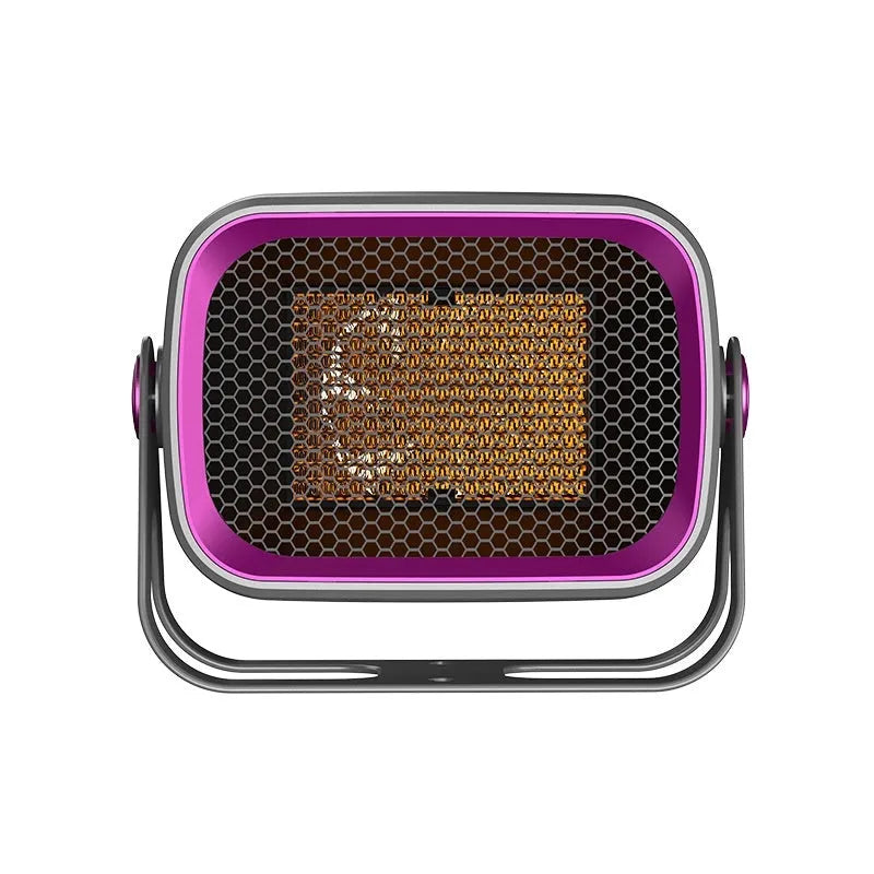 White PTC ceramic desktop electric heater on a table showing front grille and control buttons.