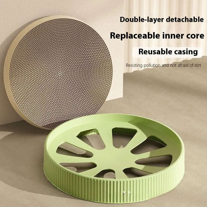 Round green cat scratching board with replaceable corrugated paper centre, 55cm diameter