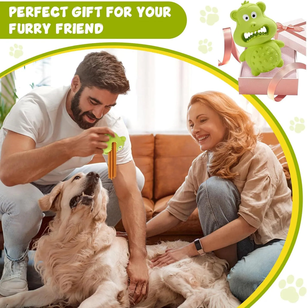 Green and yellow thick natural rubber squeaky dog chew toy for large breed dogs.