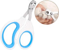 Blue professional cat nail clippers with circular safety hole and non-slip grip.