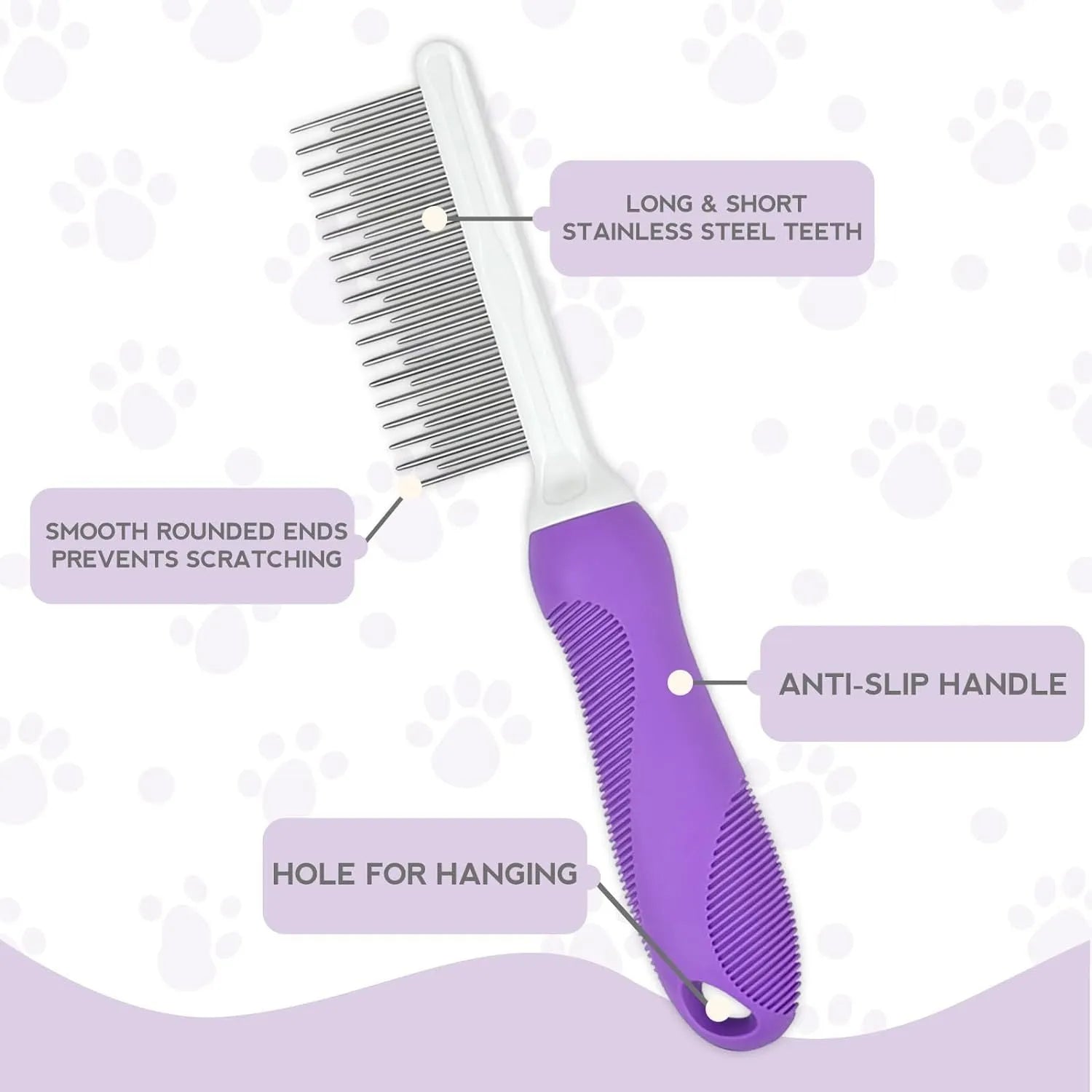 Purple pet grooming comb with stainless steel teeth for detangling dog and cat hair