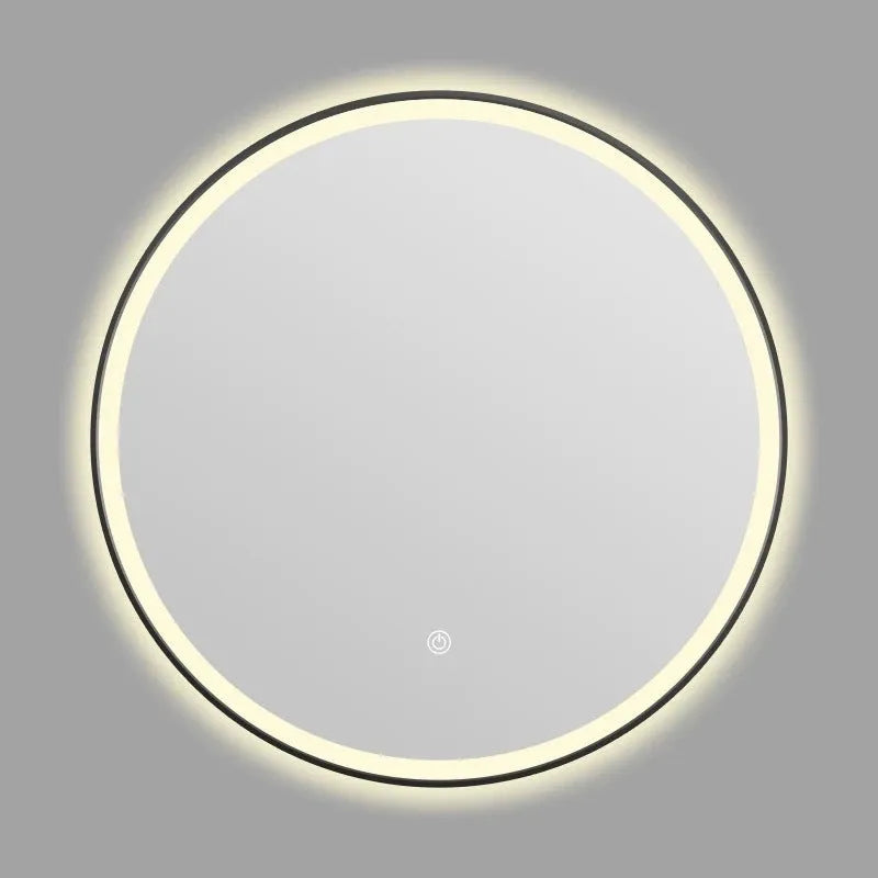 Round black frame bathroom mirror with LED lighting mounted on wall