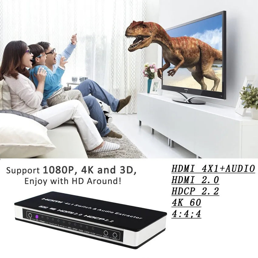 Black HDMI audio/video switch with remote control, showing four input ports and one output port.
