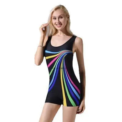 Black and blue professional one-piece swimsuit for women, sleeveless with conservative cut.