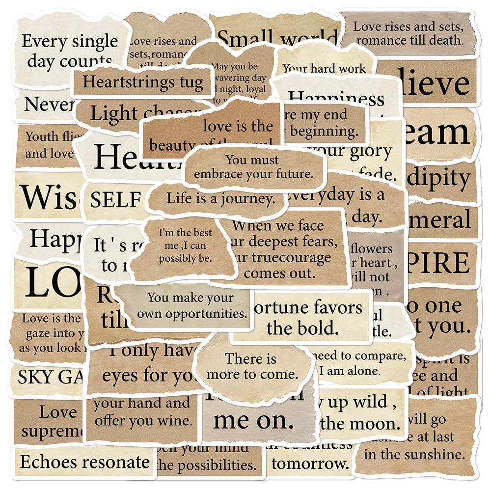 Torn English waterproof PVC laptop stickers measuring 4-7cm with repositionable adhesive