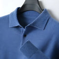 Men's grey wool pullover sweater with a polo collar and long sleeves laid flat.