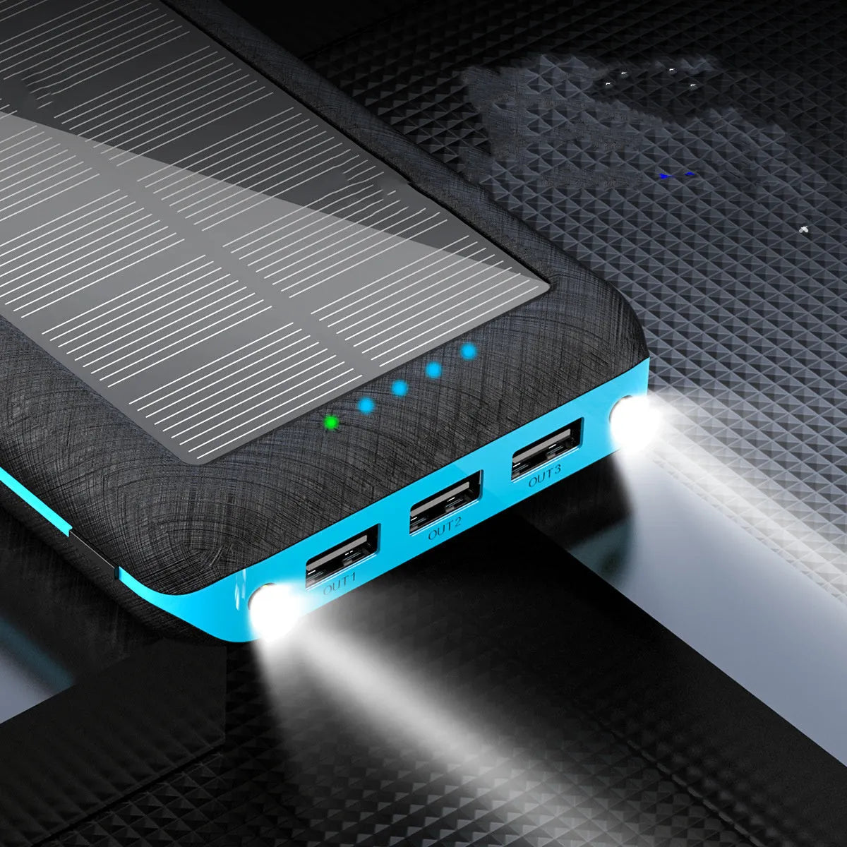 Black portable power bank with wireless charging pad on top, three USB ports, and an LED flashlight.